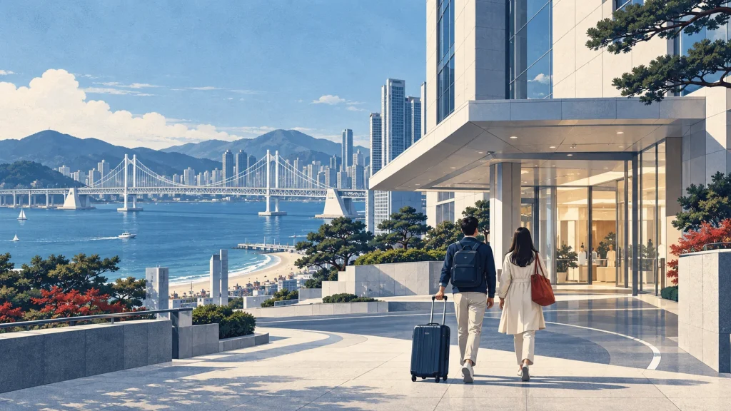 Travellers approaching a hospital overlooking Busan’s coast.