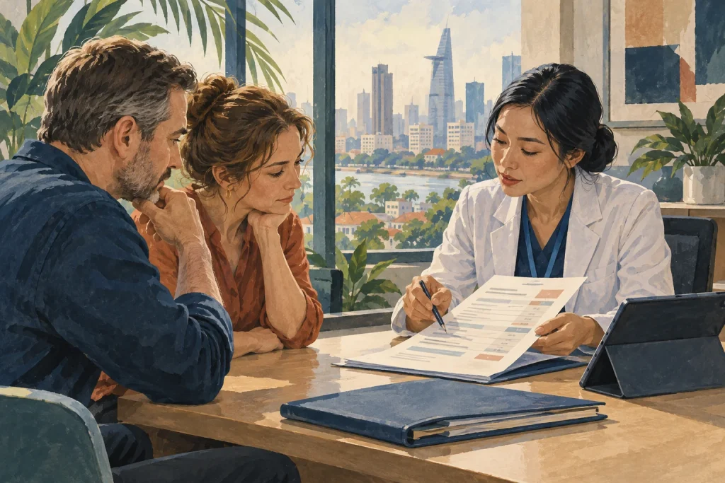 Illustration of a healthcare professional explaining treatment costs to an international patient and companion.