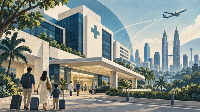 Illustration of a family arriving at a Malaysian hospital, with Kuala Lumpur’s skyline and an aircraft overhead.