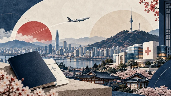 Editorial illustration of Seoul’s skyline, a passport and medical travel