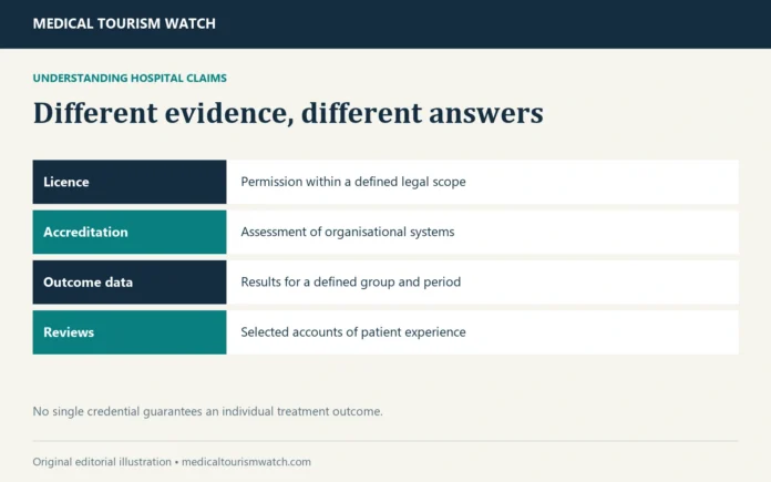 Different evidence, different answers. Licence: Permission within a defined legal scope Accreditation: Assessment of organisational systems Outcome data: Results for a defined group and period Reviews: Selected accounts of patient experience