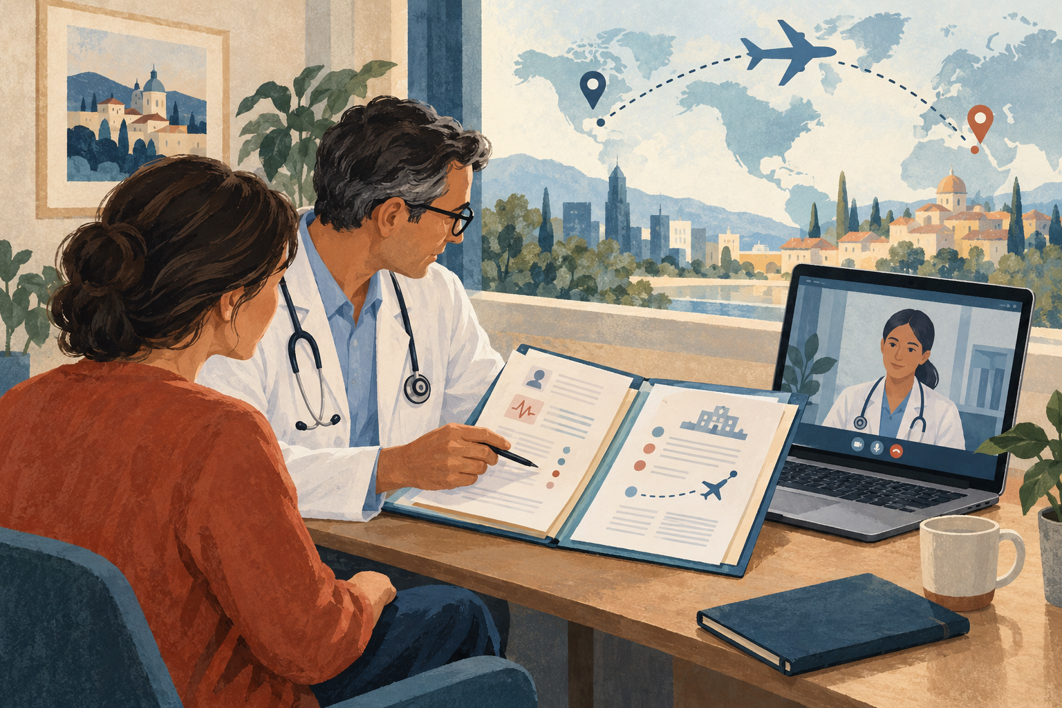 Editorial illustration of a patient and local physician reviewing records during a remote handover