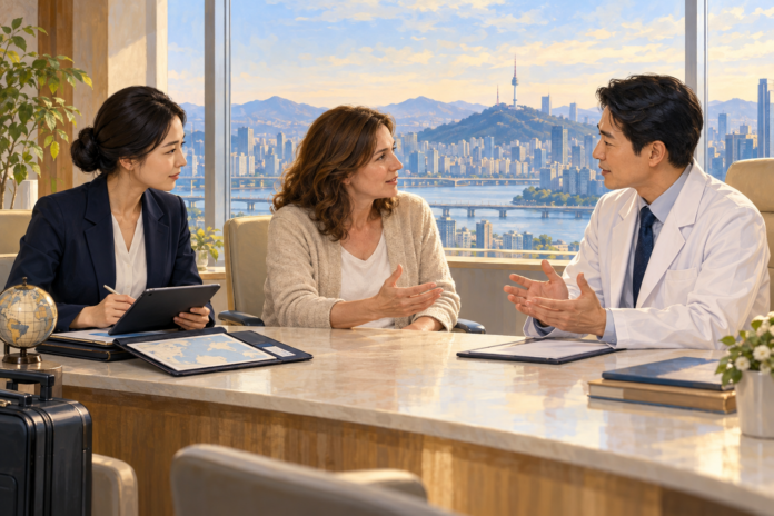 Editorial illustration of a patient speaking with a physician while a non-clinical care coordinator assists with arrangements.