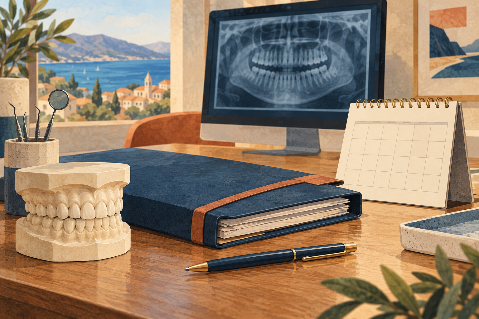 Editorial illustration of dental records and a model prepared for treatment planning