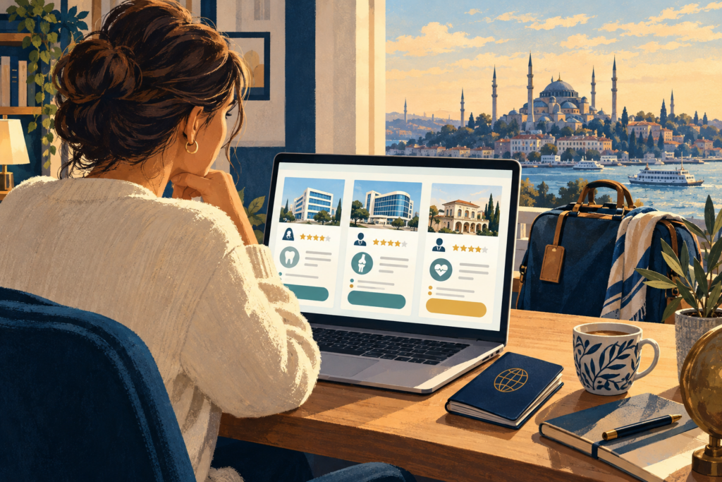 Editorial illustration of a traveler comparing overseas clinics on a laptop.