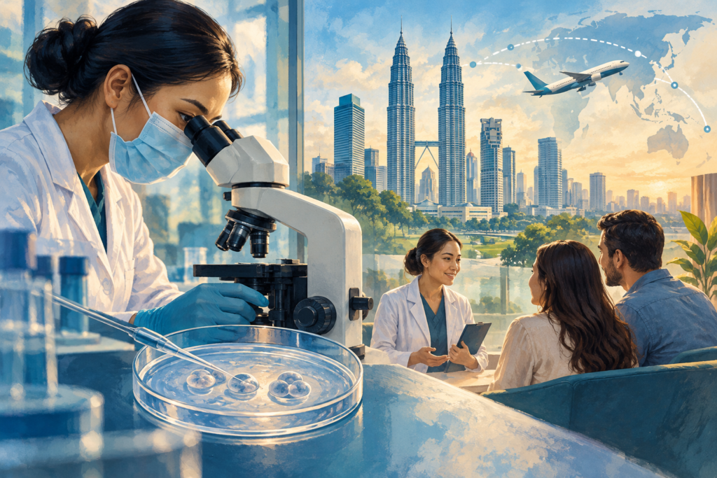 Editorial illustration of fertility laboratory work and a patient consultation against the Kuala Lumpur skyline.