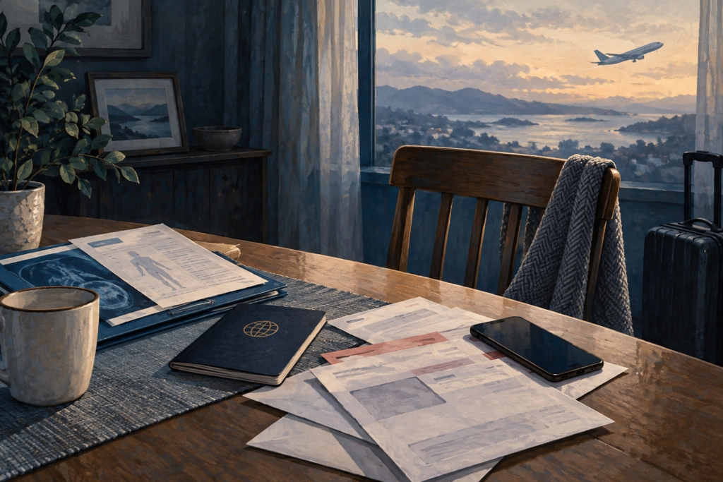 Editorial illustration of medical records, a passport and correspondence beside an empty chair.